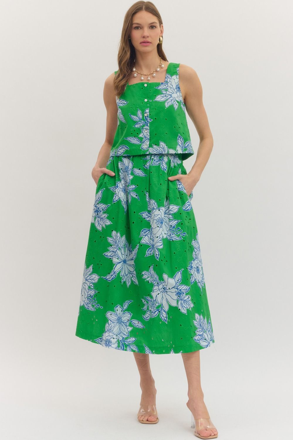 ENTRO Botanical Print Eyelet Midi Skirt In Green