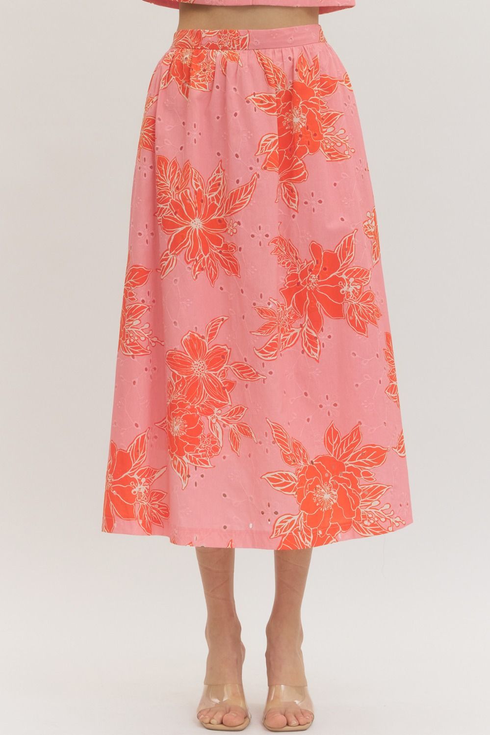 ENTRO Botanical Print Eyelet Midi Skirt In Pink