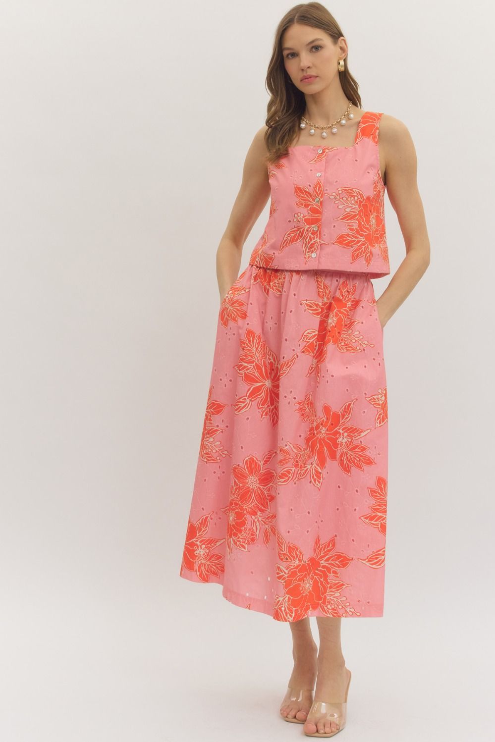 ENTRO Botanical Print Eyelet Midi Skirt In Pink