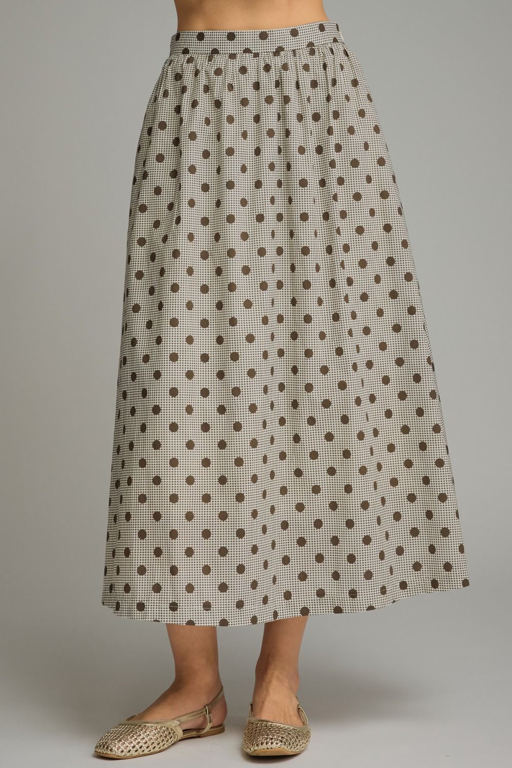ENTRO Gingham Polka Dot Midi Skirt In Brown
