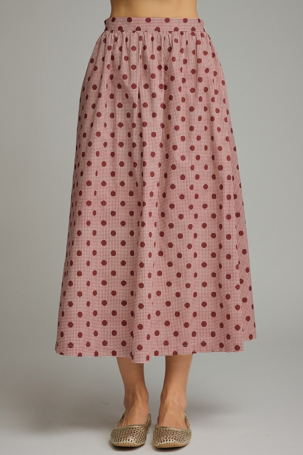 ENTRO Gingham Polka Dot Midi Skirt In Burgundy
