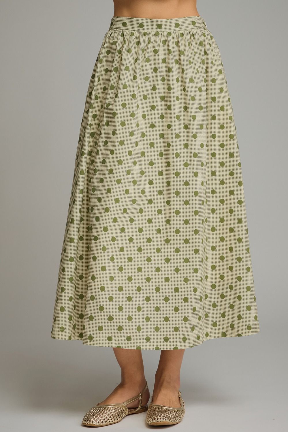 ENTRO Gingham Polka Dot Midi Skirt In Olive *COMING SOON*