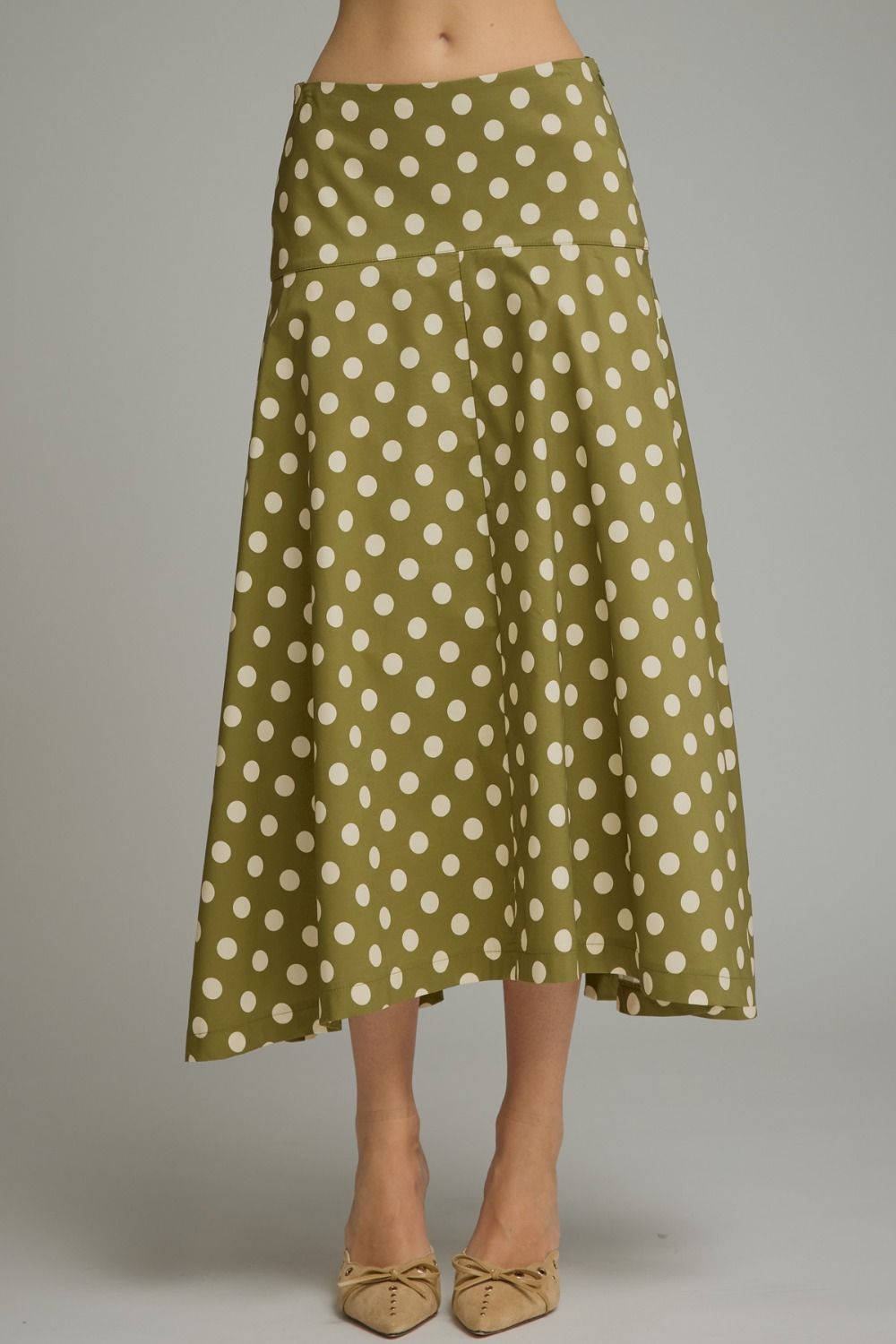 ENTRO Polka Dot Midi Skirt In Olive