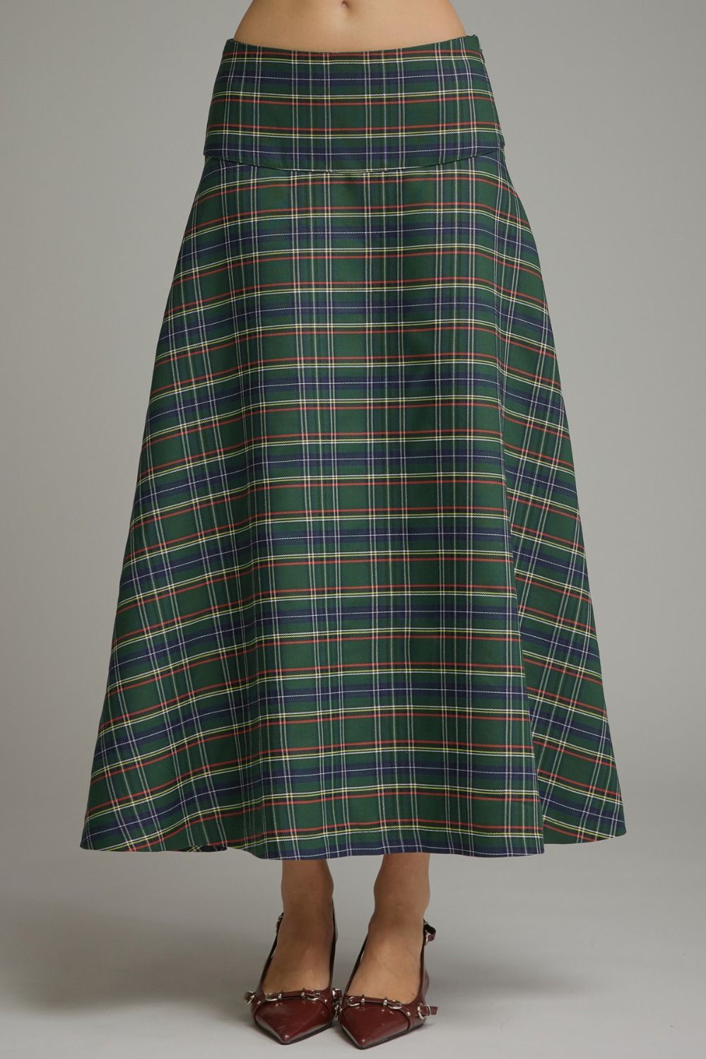 ENTRO Plaid Midi Skirt In Pine