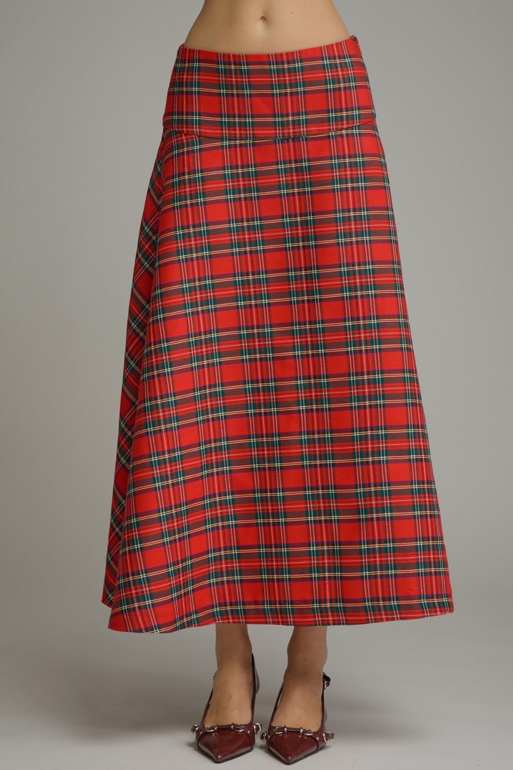 ENTRO Plaid Midi Skirt In Red