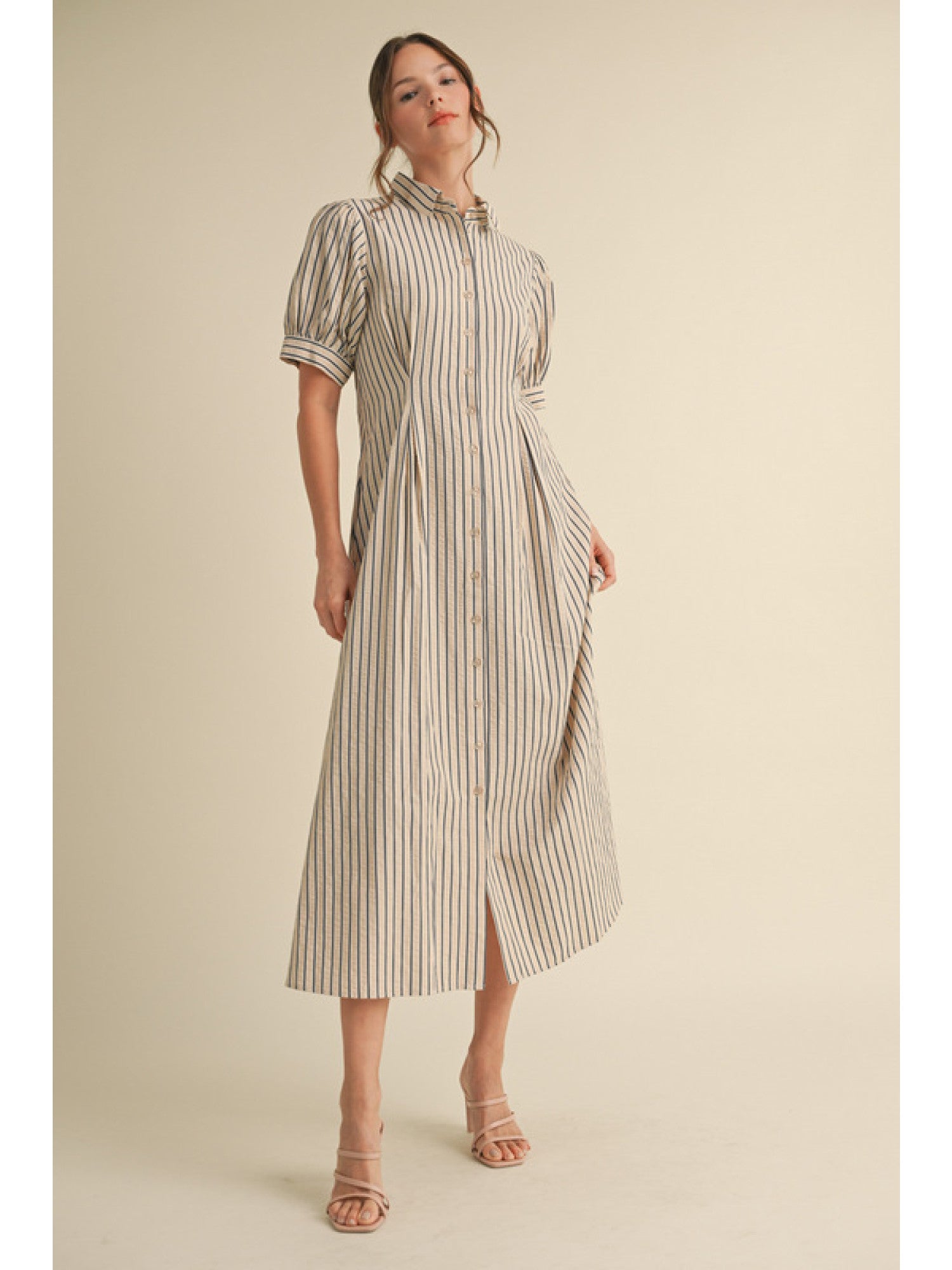 JODIFL Striped Midi Collared Dress In Natural