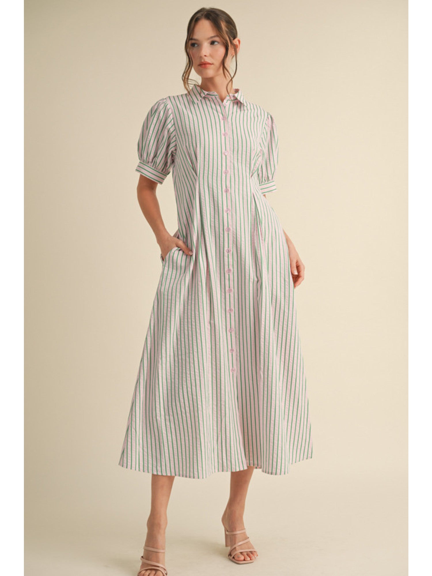 JODIFL Striped Midi Collared Dress In Pink