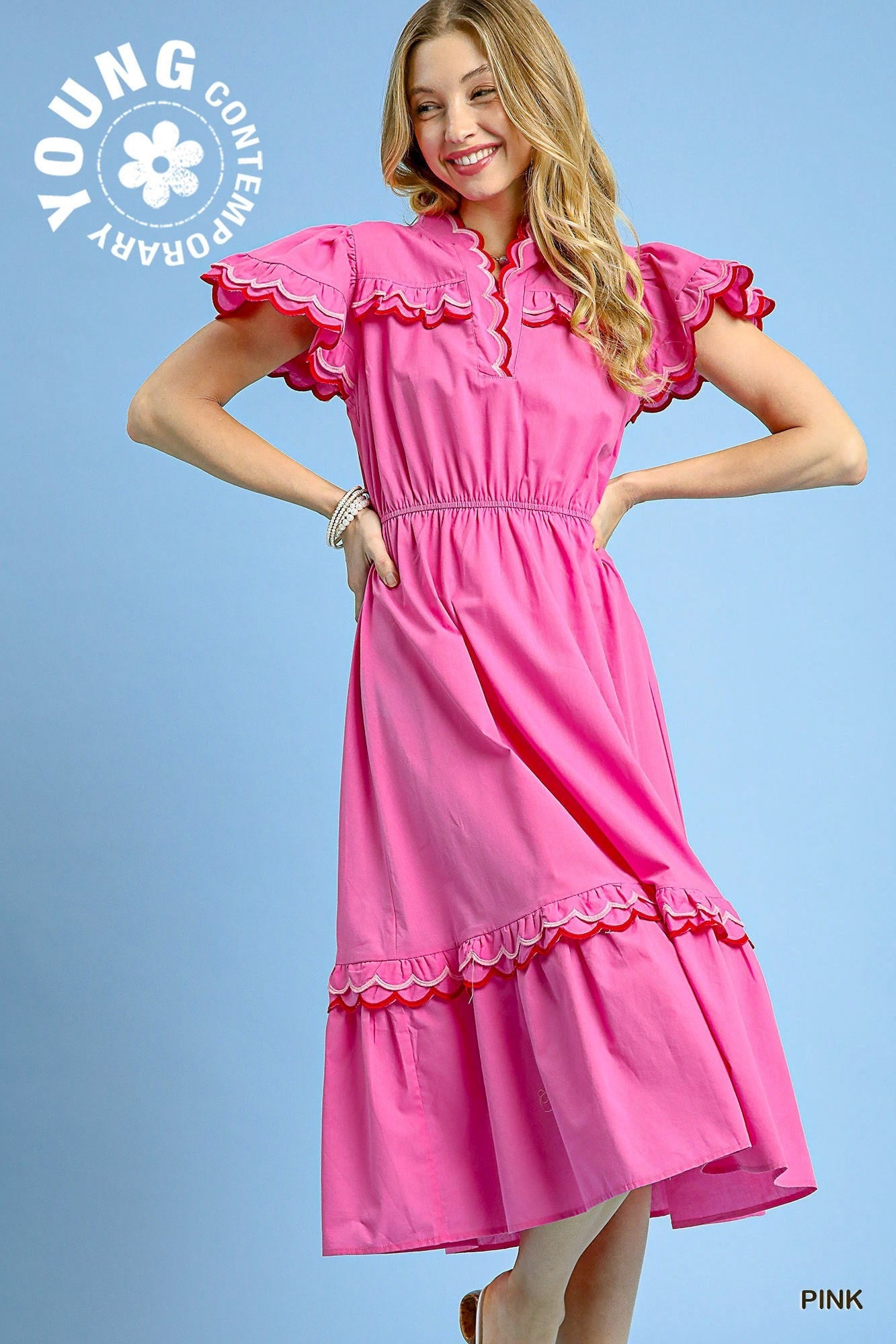Umgee Scallop Trimmed Ruffle Sleeve Midi Dress In Pink