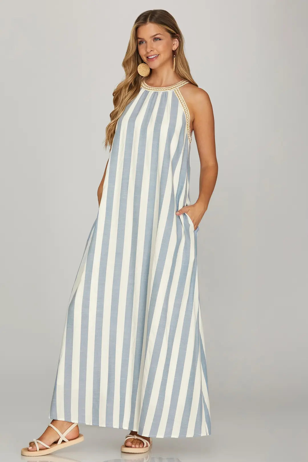 She + Sky Halter Neck With Woven Trim Stripe In Navy *COMING SOON*