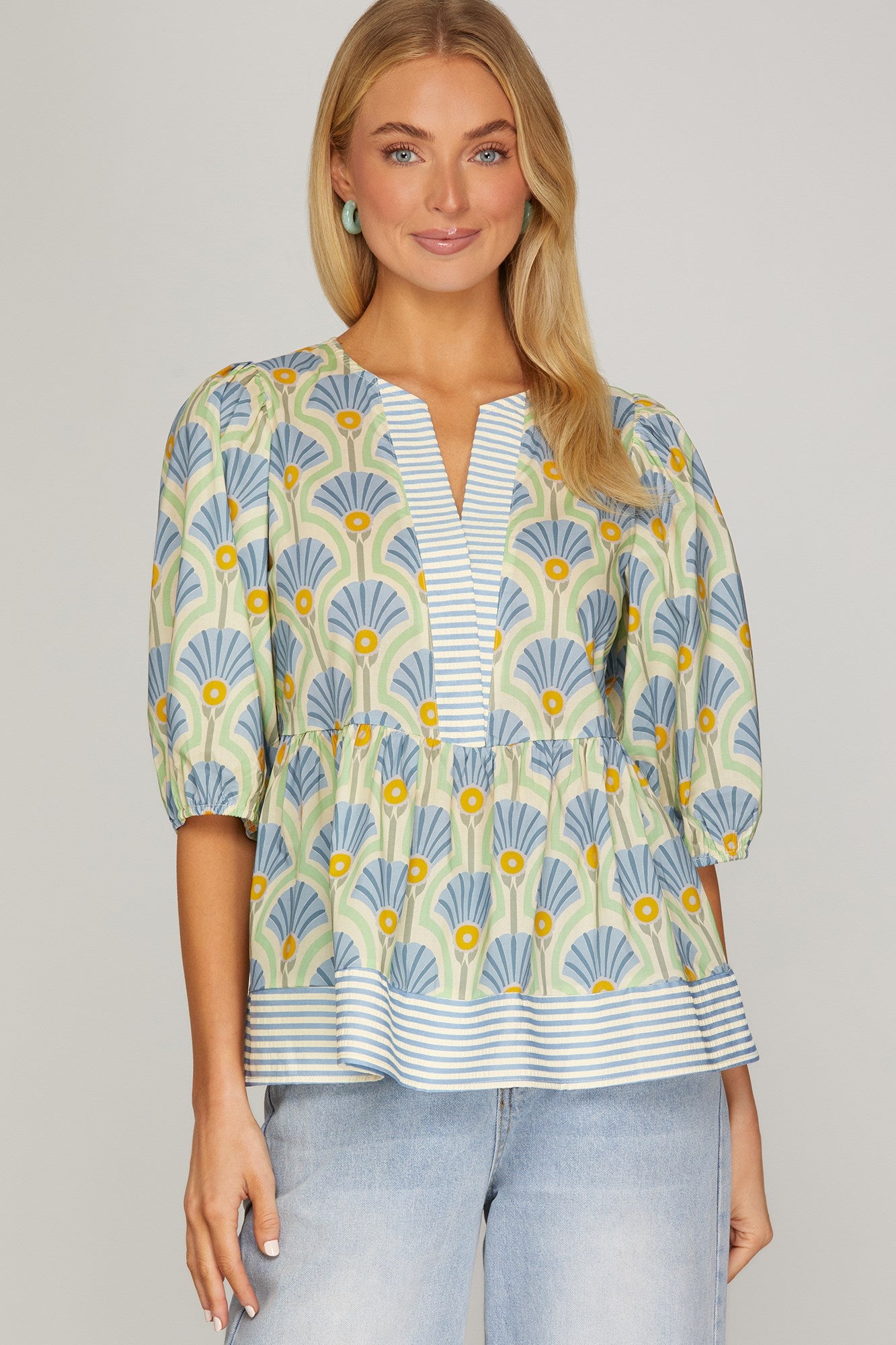 She + Sky Half Sleeve Woven Print Top With Stripe Contrast Detail In Blue *COMING SOON*
