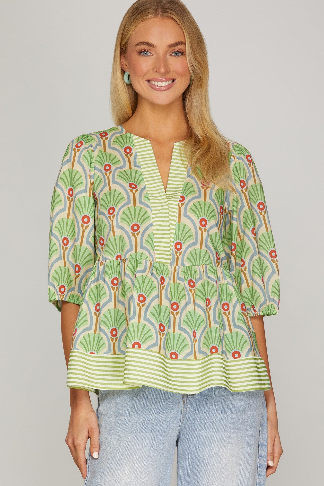 She + Sky Half Sleeve Woven Print Top With Stripe Contrast Detail In Green *COMING SOON*