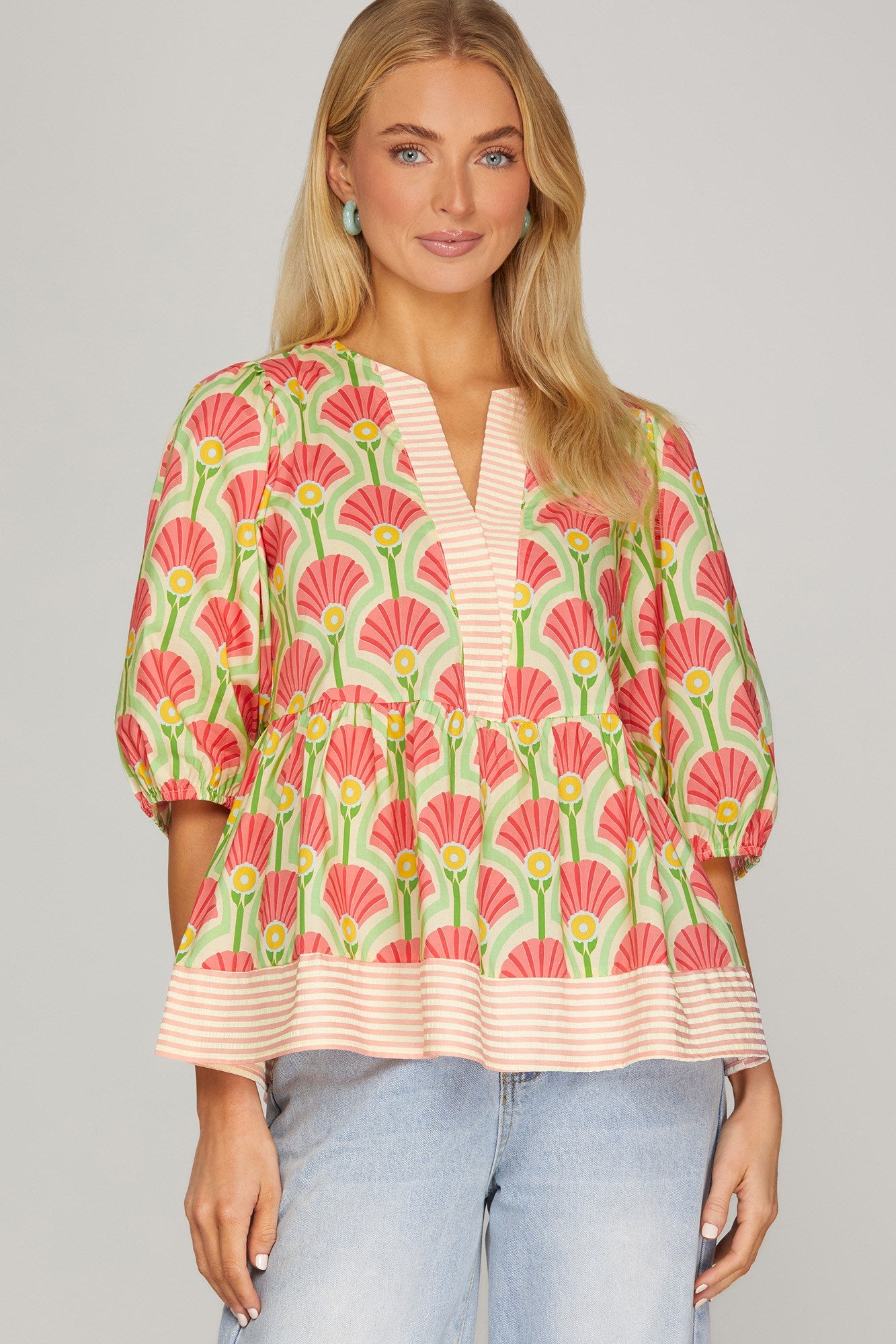 She + Sky Half Sleeve Woven Print Top With Stripe Contrast Detail In Pink *COMING SOON*