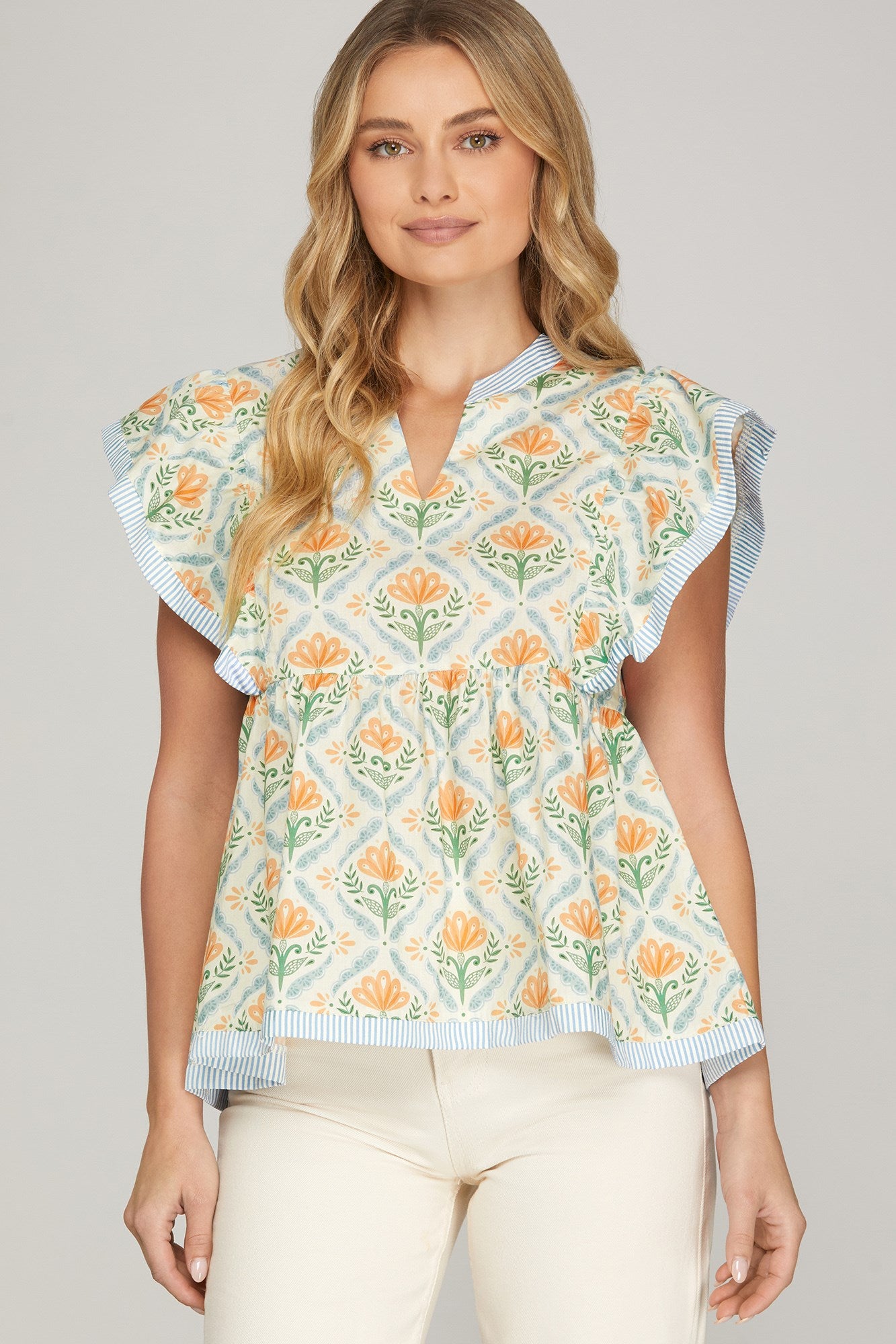 She + Sky Flutter Sleeve Printed Top In Light Blue *COMING SOON*