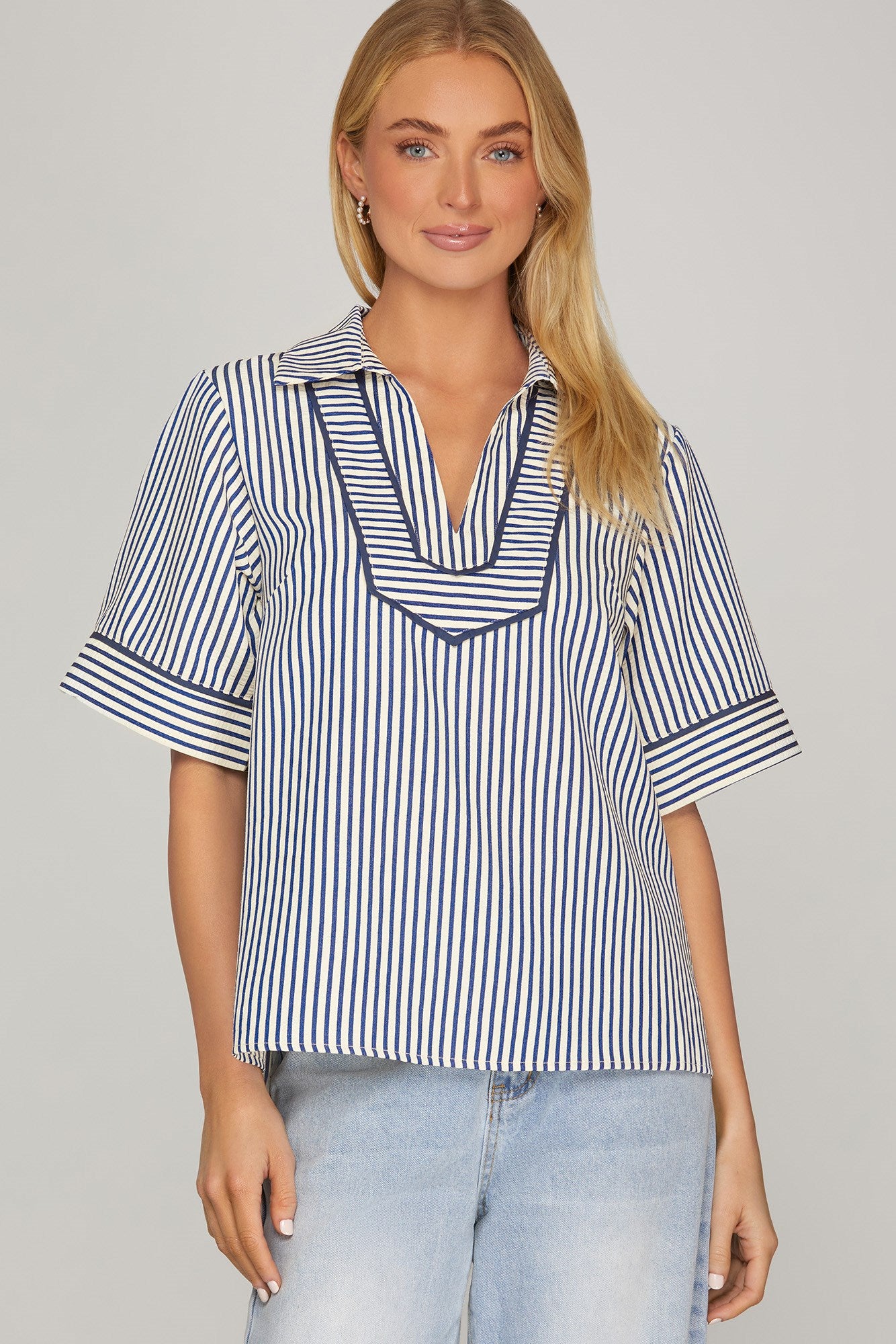 She + Sky Half Sleeve Collared Stripe Top In Navy *COMING SOON*