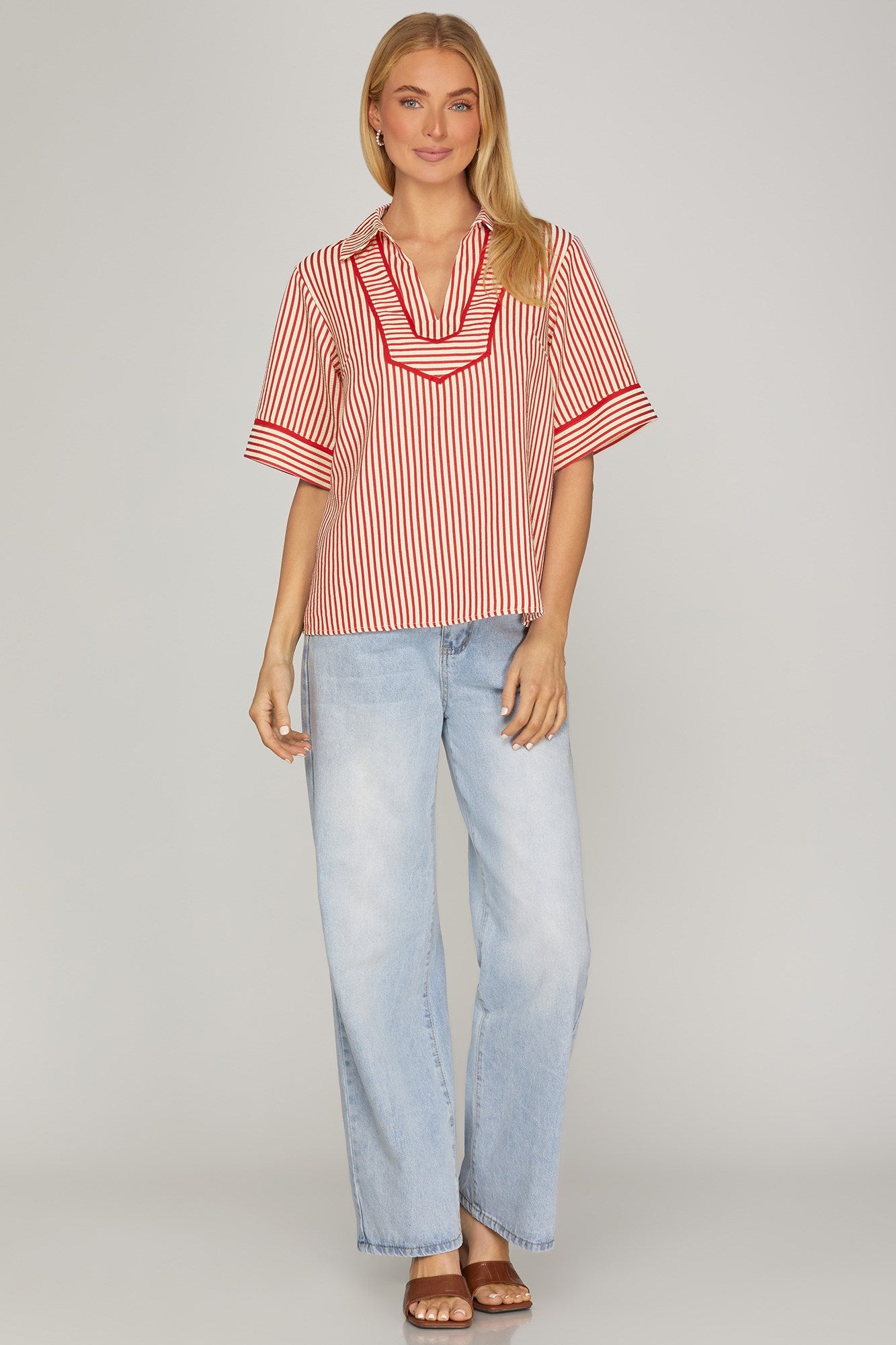 She + Sky Half Sleeve Collared Stripe Top In Red *COMING SOON*