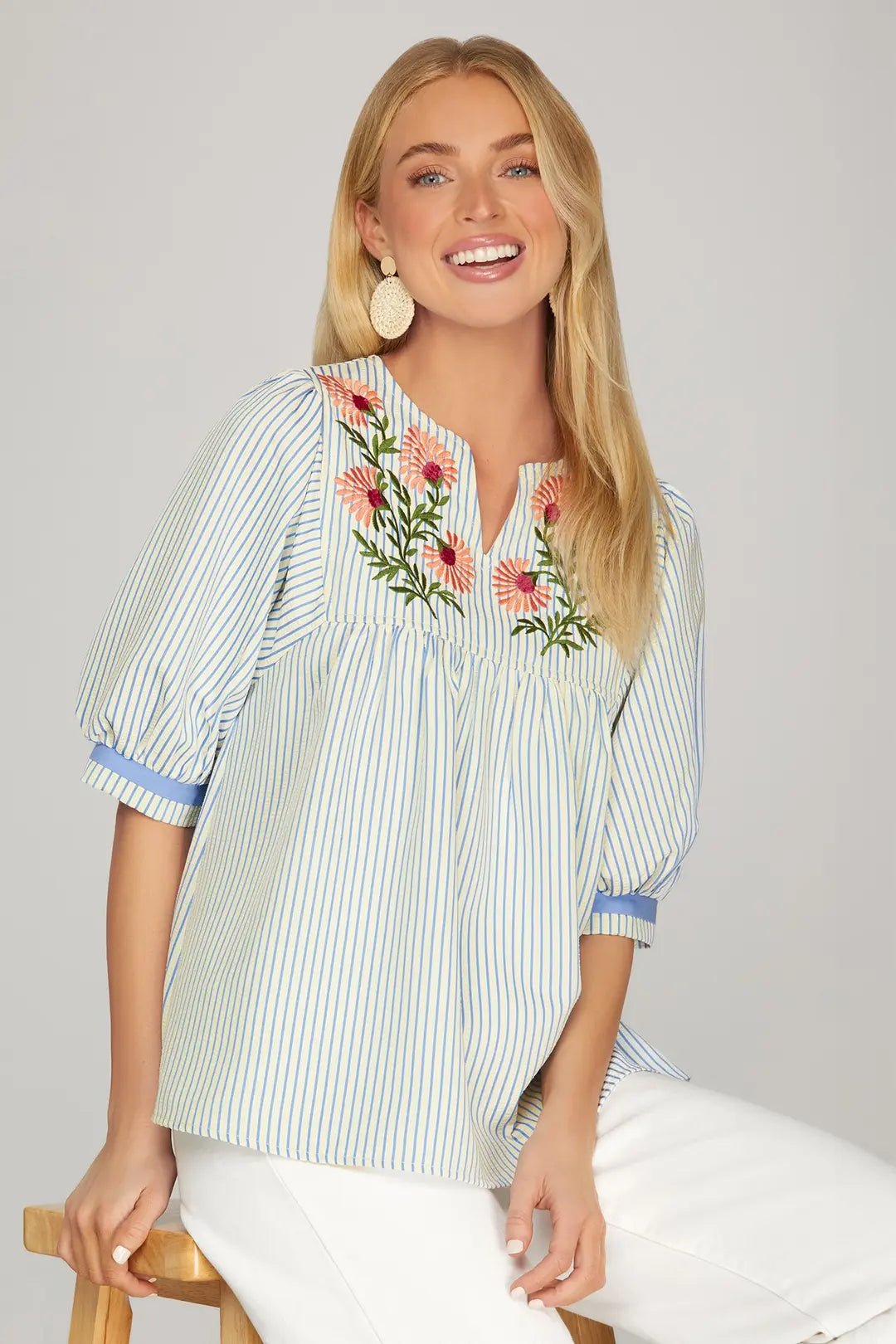 She + Sky Half Sleeve Front Embroidered Stripe Top In Blue *COMING SOON*