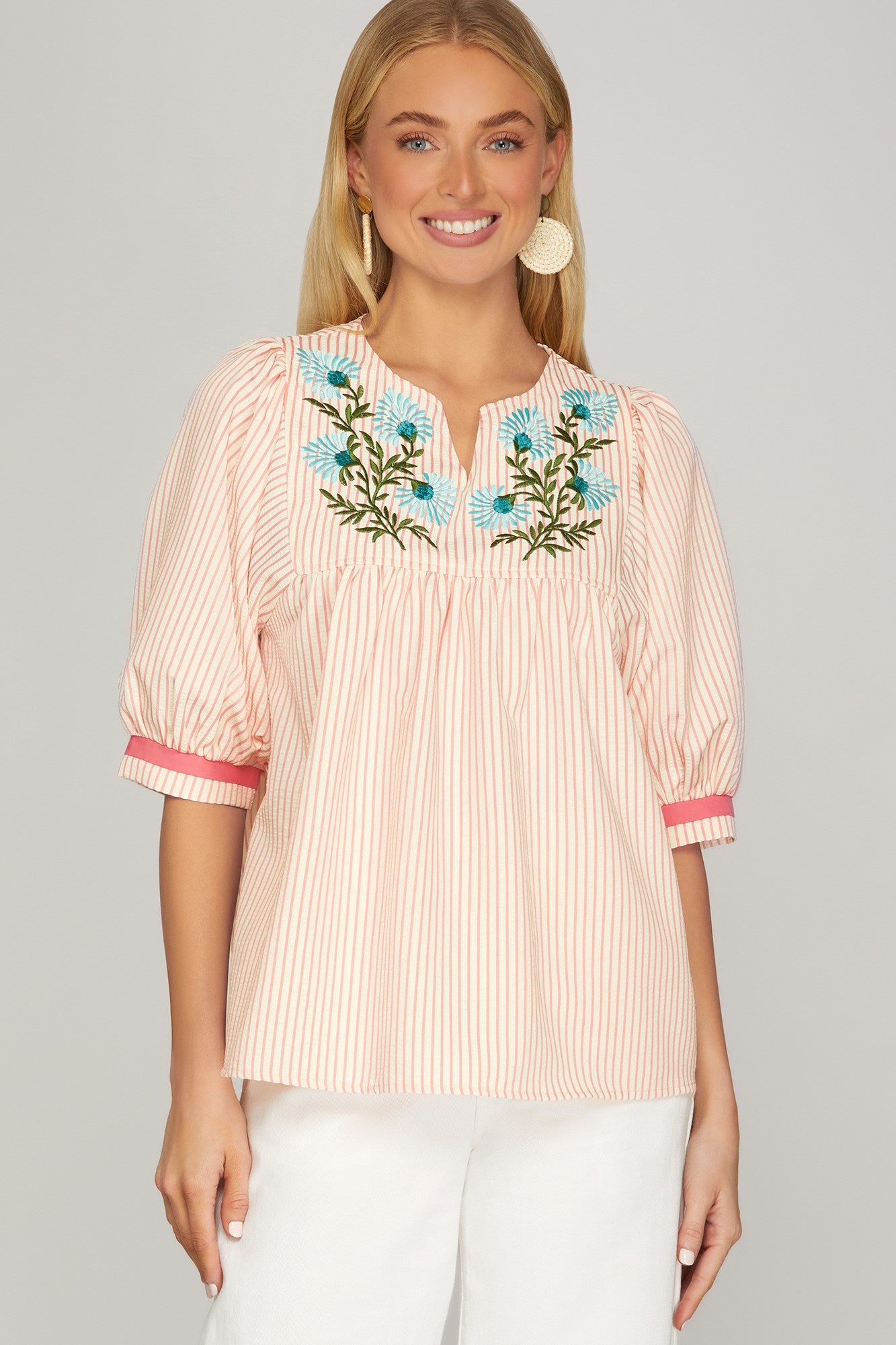 She + Sky Half Sleeve Front Embroidered Stripe Top In Pink *COMING SOON*