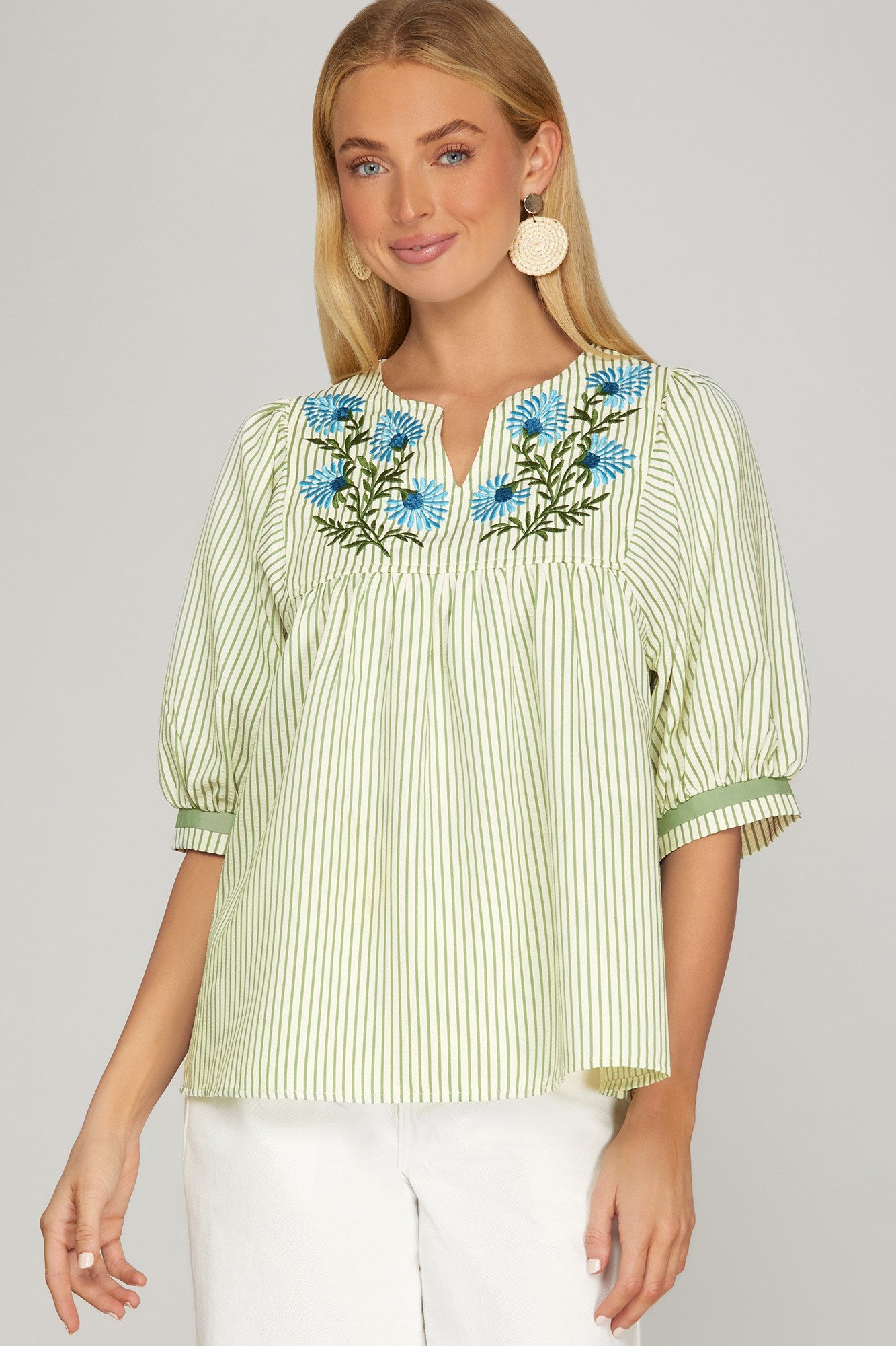She + Sky Half Sleeve Front Embroidered Stripe Top In Sage *COMING SOON*
