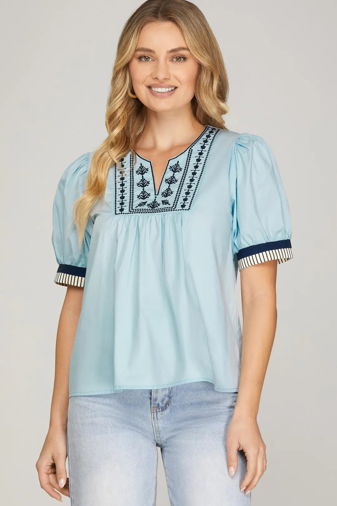 She + Sky Short Sleeve Front Embroidered Top In Light Blue *COMING SOON*