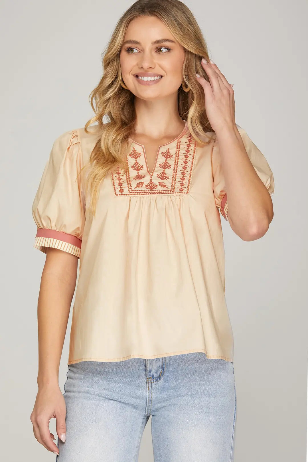 She + Sky Short Sleeve Front Embroidered Top In Blush *COMING SOON*