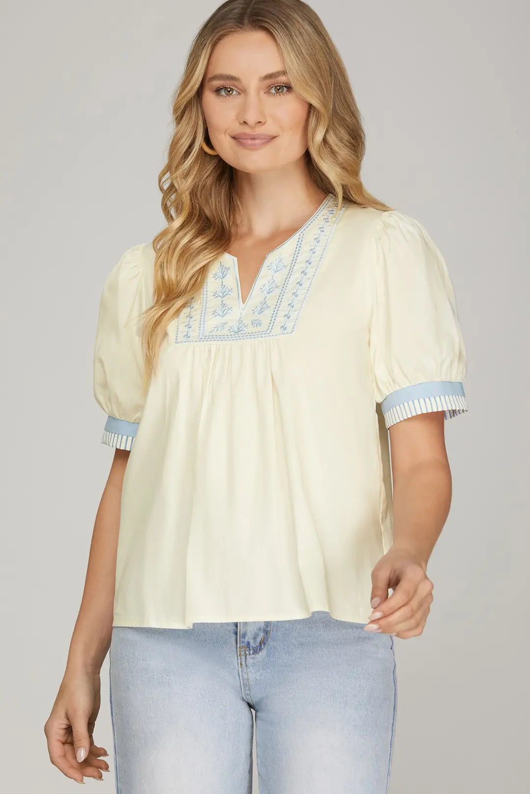 She + Sky Short Sleeve Front Embroidered Top In Cream *COMING SOON*