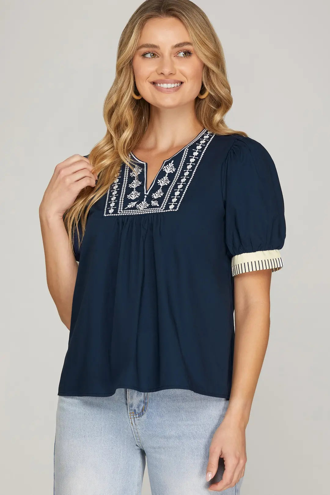 She + Sky Short Sleeve Front Embroidered Top In Navy *COMING SOON*