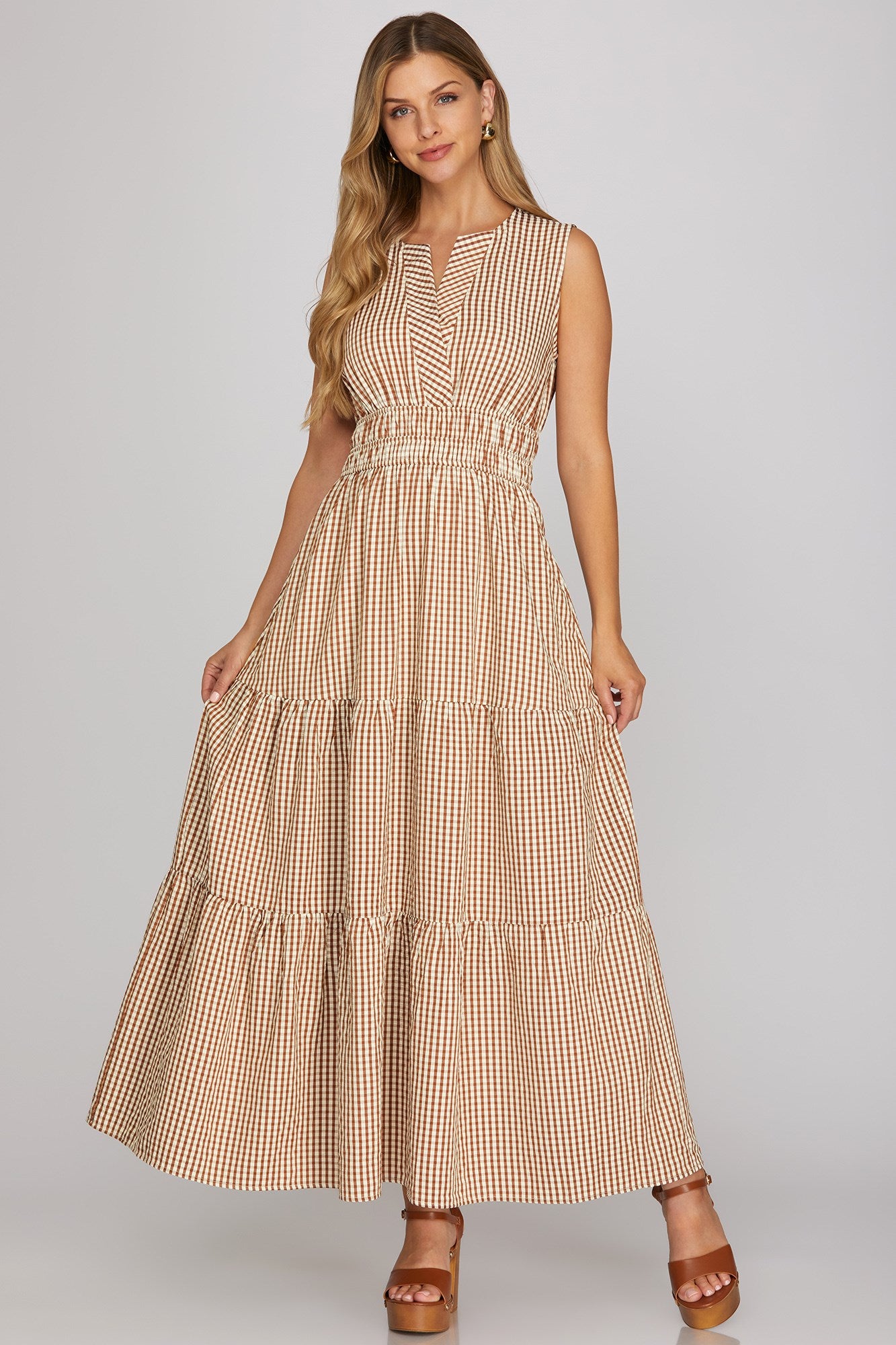 She + Sky Sleeveless Woven Gingham Tiered Maxi Dress In Brown *COMING SOON*