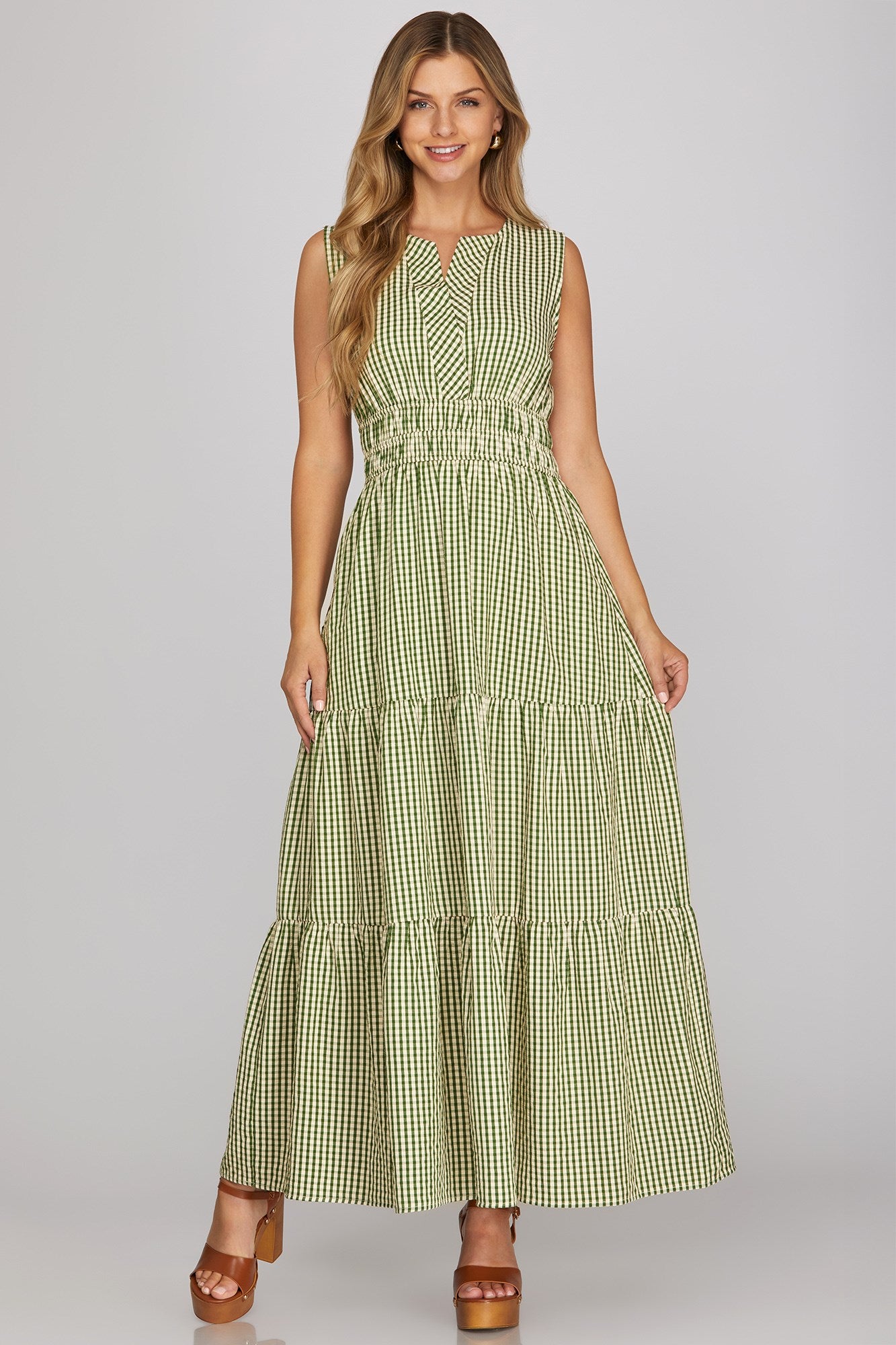 She + Sky Sleeveless Woven Gingham Tiered Maxi Dress In Green *COMING SOON*