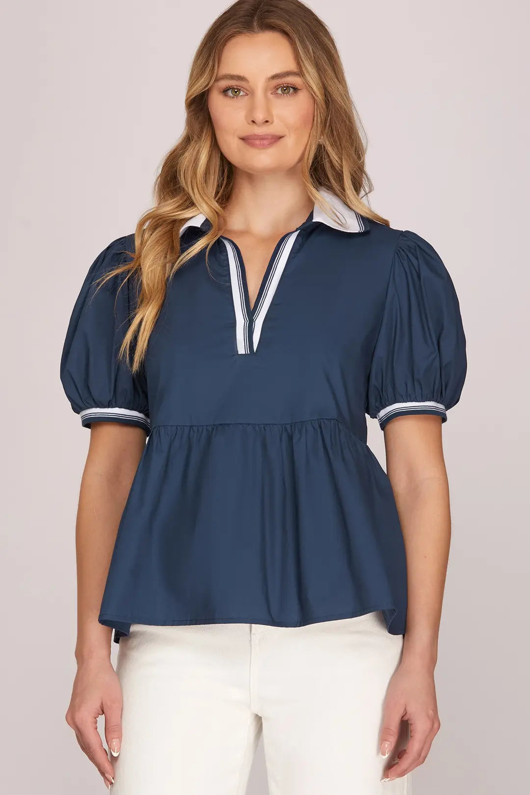 She + Sky Short Sleeve Rib Band Collar Top In Navy