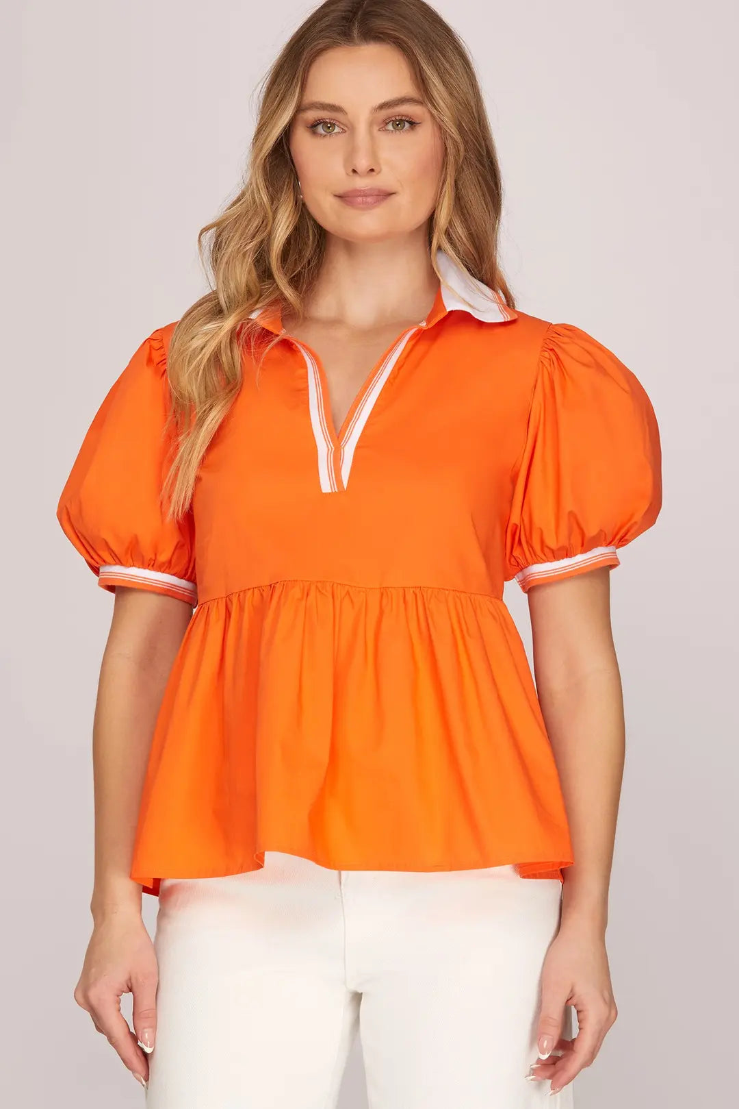 She + Sky Short Sleeve Rib Band Collar Top In Orange