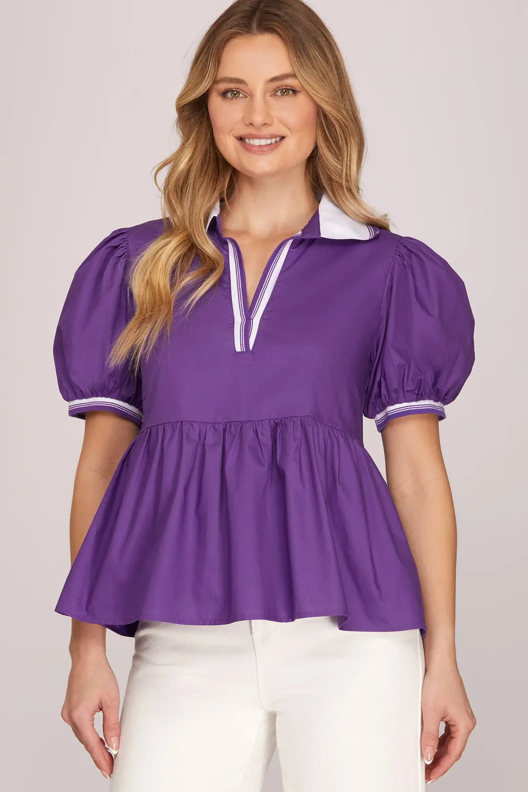 She + Sky Short Sleeve Rib Band Collar Top In Purple