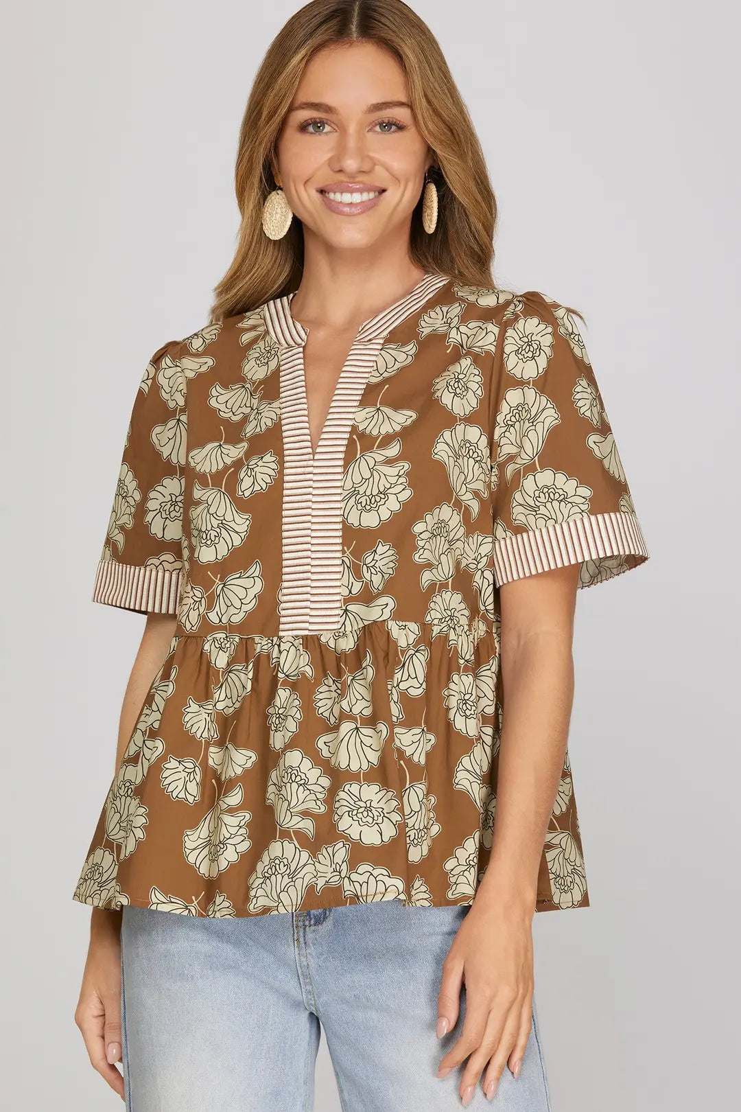 She + Sky Botanical Print Short Sleeve Top In Caramel *COMING SOON*