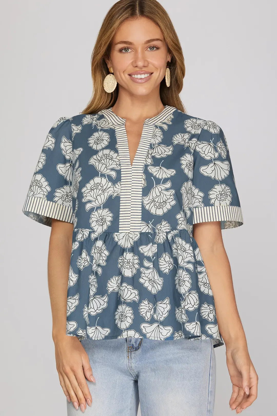 She + Sky Botanical Print Short Sleeve Top In Dusty Blue *COMING SOON*