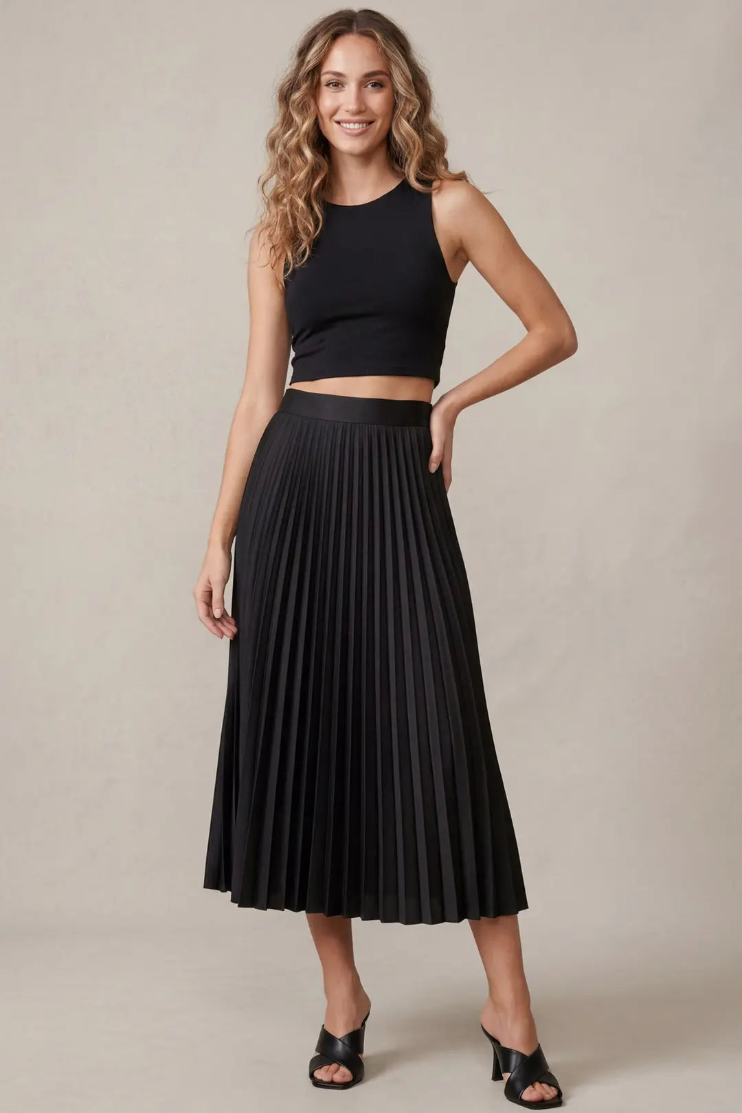 She + Sky Faux Suede Pleated Midi Skirt In Black *COMING SOON*