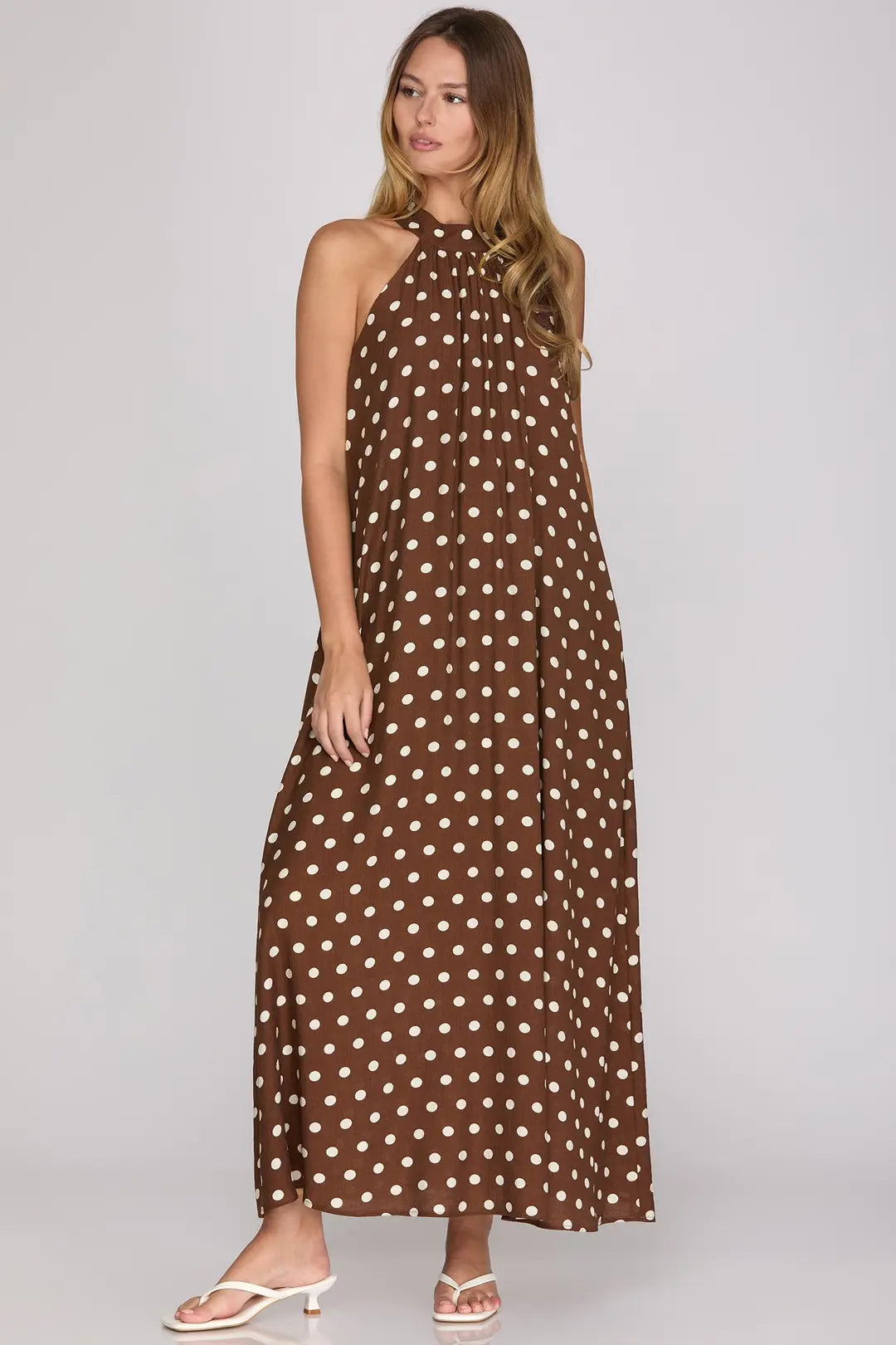 She + Sky Polka Dot Halter Maxi Dress In Brown *COMING SOON*