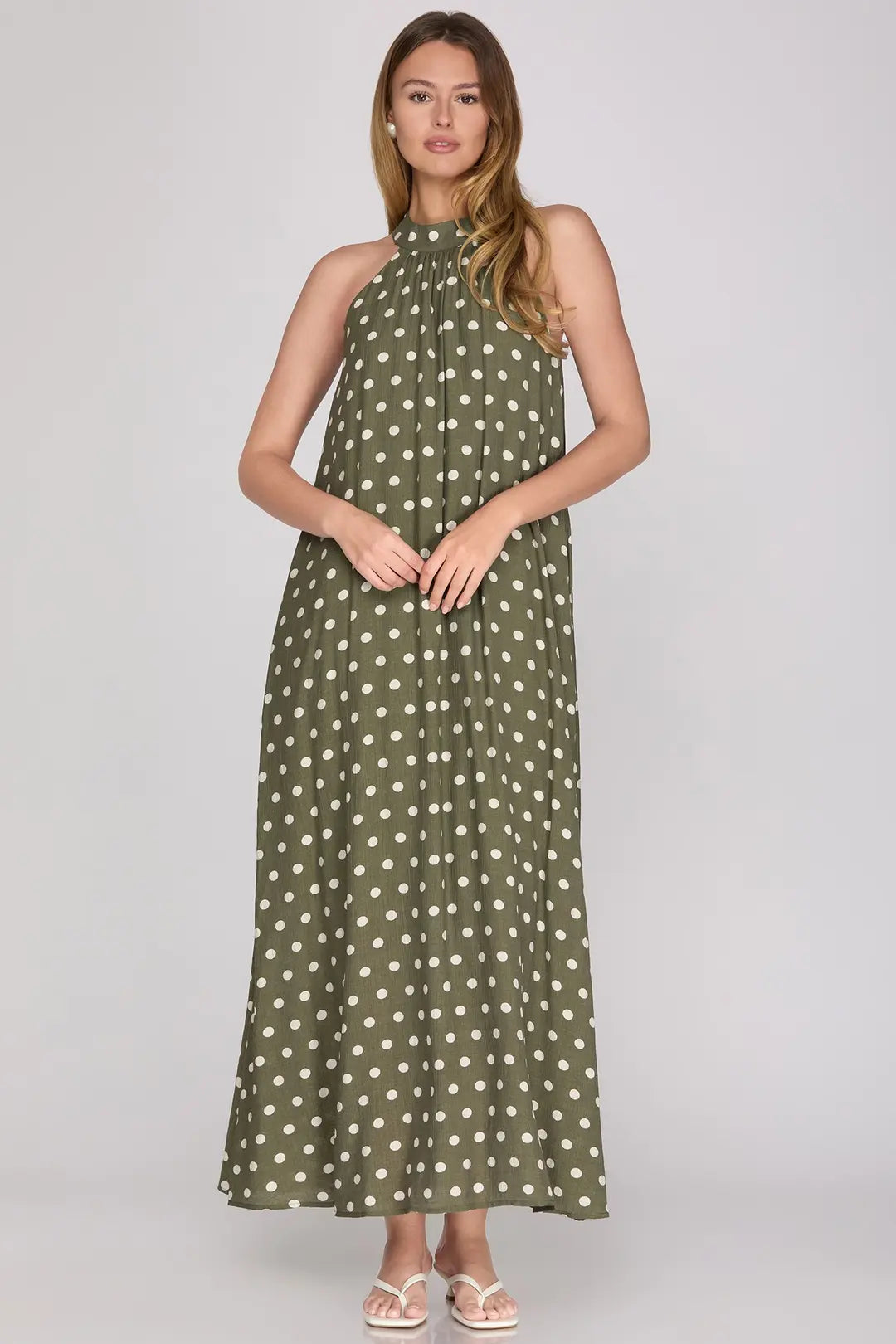 She + Sky Polka Dot Halter Maxi Dress In Olive *COMING SOON*