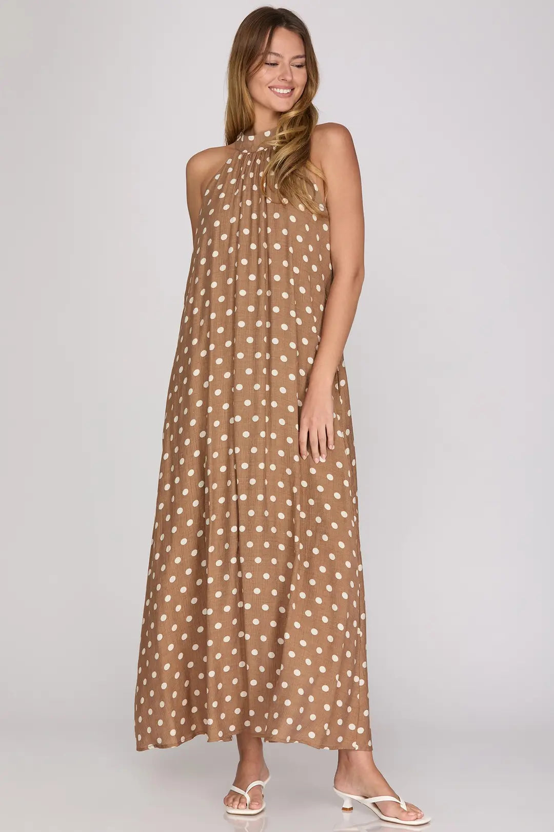 She + Sky Polka Dot Halter Maxi Dress In Taupe *COMING SOON*