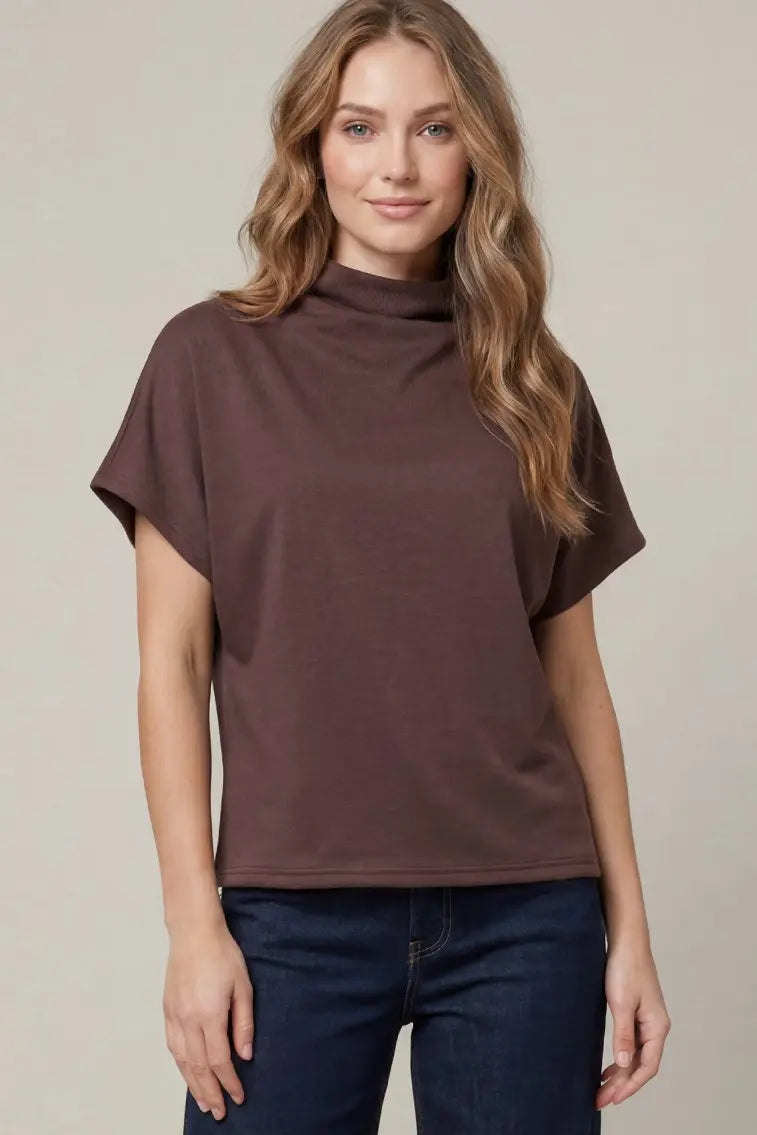 She + Sky Mock Neck Drop Shoulder Top In Eggplant *COMING SOON*