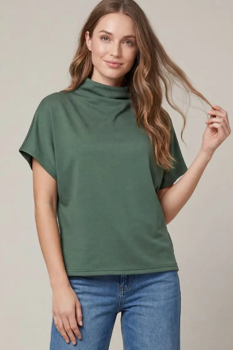 She + Sky Mock Neck Drop Shoulder Top In Slate Green *COMING SOON*
