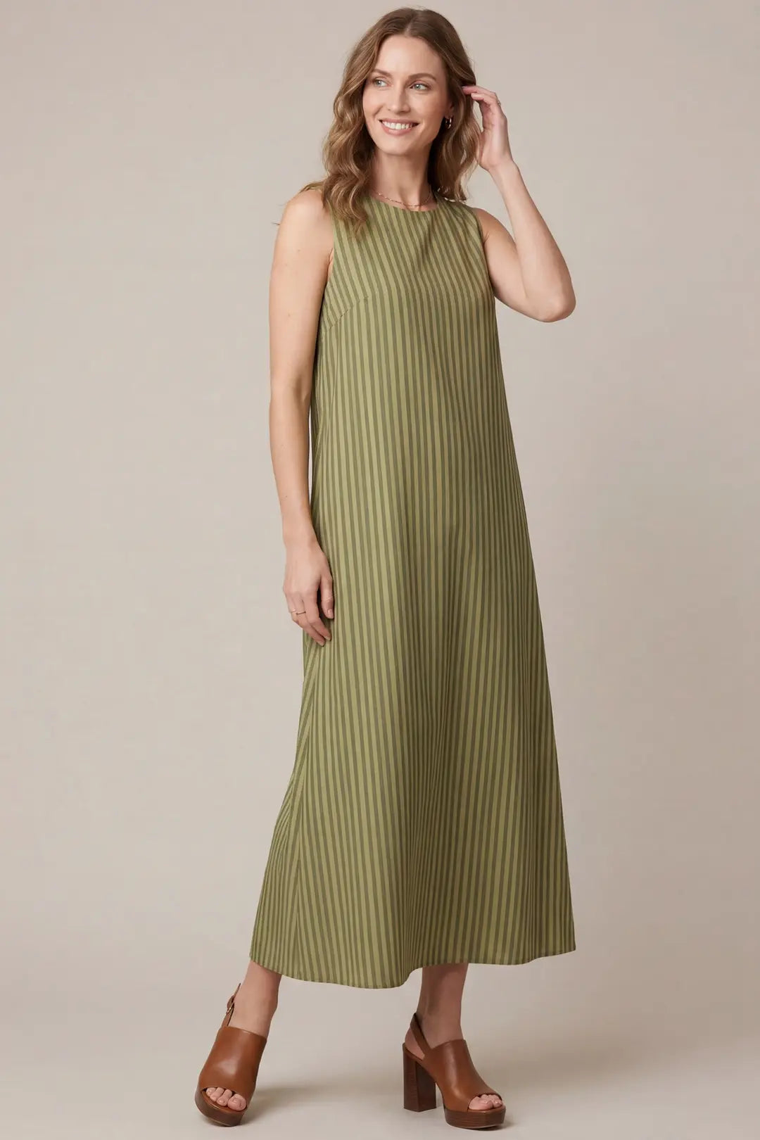 She + Sky Sleeveless Striped Maxi Dress In Olive