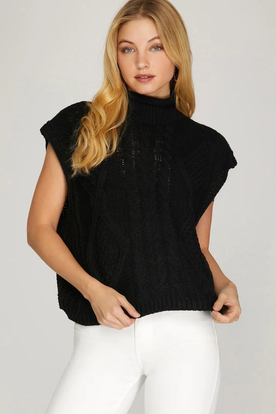 She + Sky Drop Shoulder Mock Neck Cable Sweater In Black *COMING SOON*
