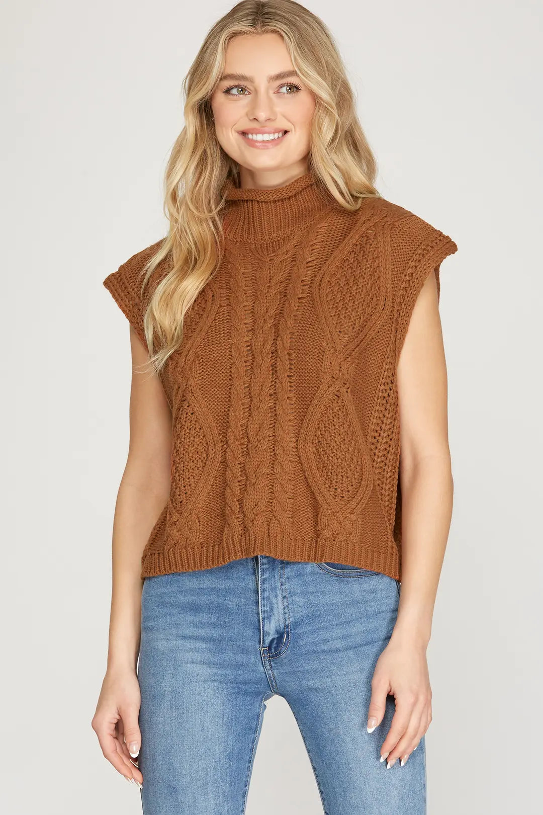 She + Sky Drop Shoulder Mock Neck Cable Sweater In Caramel *COMING SOON*