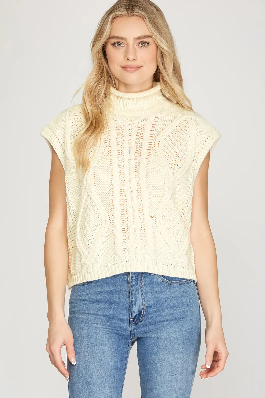 She + Sky Drop Shoulder Mock Neck Cable Sweater In Cream *COMING SOON*