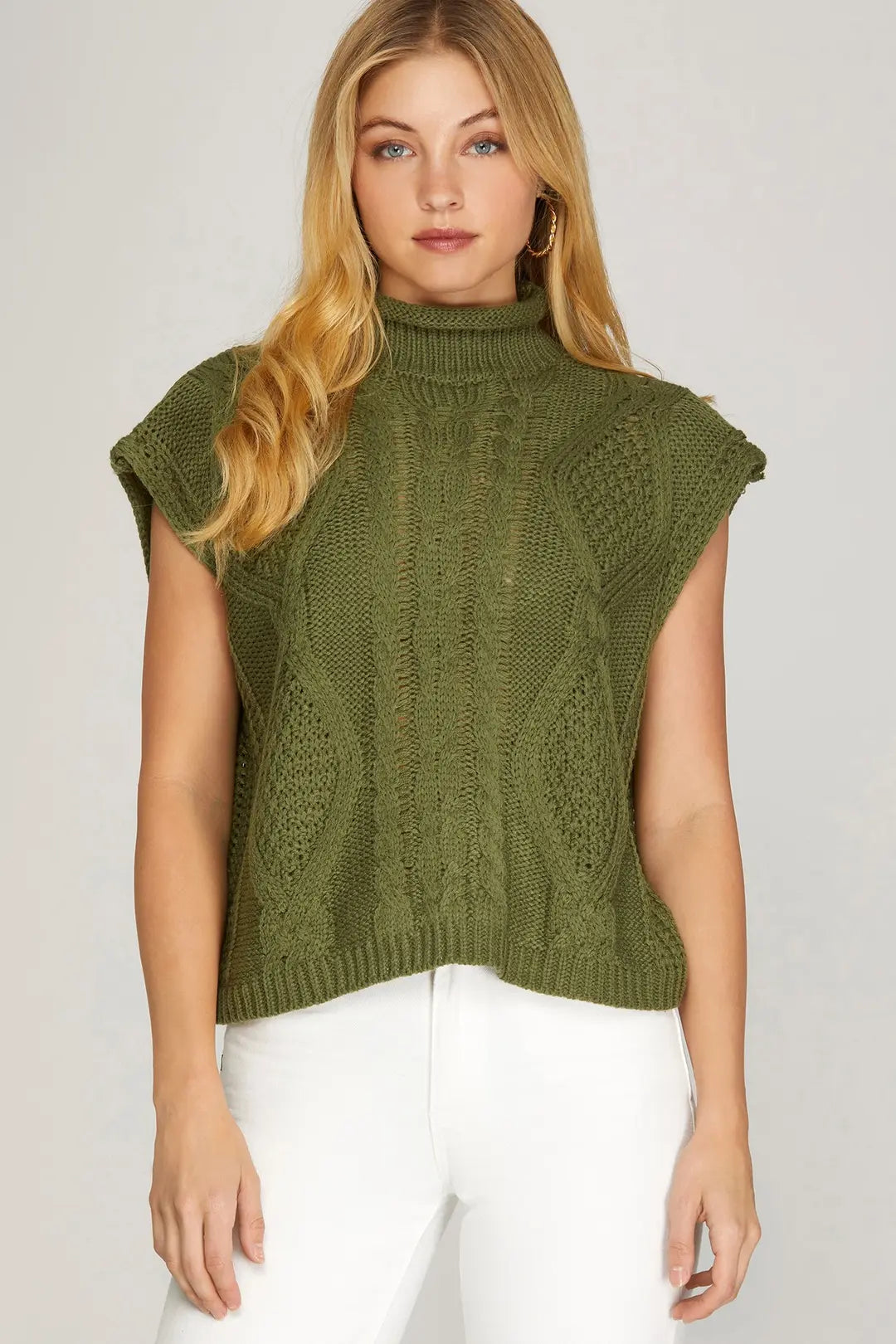 She + Sky Drop Shoulder Mock Neck Cable Sweater In Olive *COMING SOON*