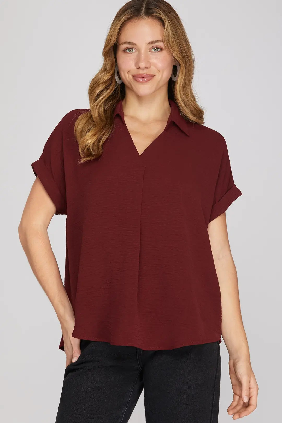 She + Sky Drop Shoulder Collared Woven Top In Garnet *COMING SOON*