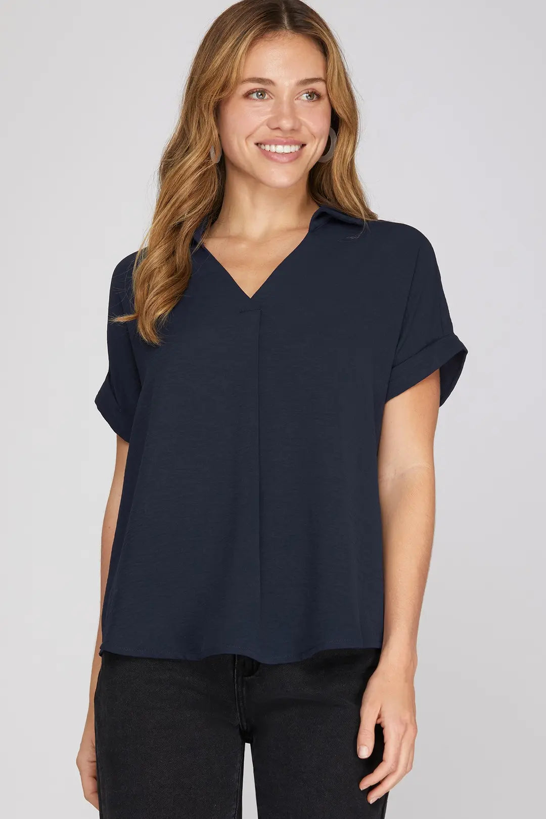 She + Sky Drop Shoulder Collared Woven Top In Navy *COMING SOON*