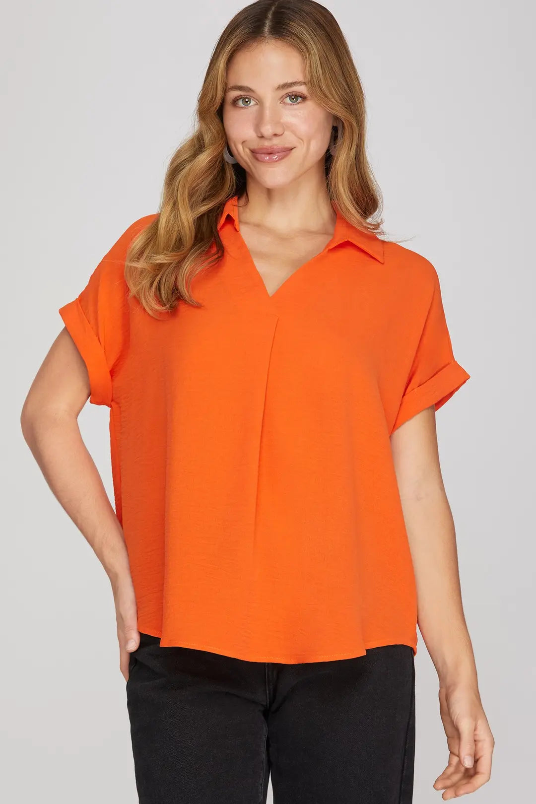 She + Sky Drop Shoulder Collared Woven Top In Orange *COMING SOON*