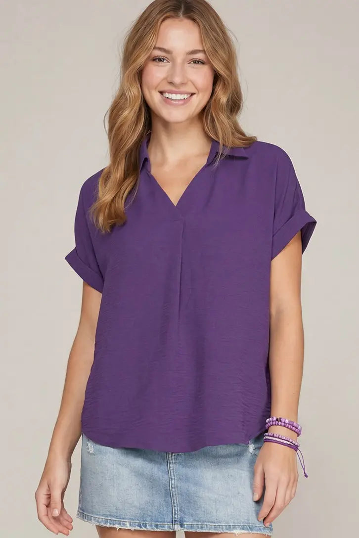 She + Sky Drop Shoulder Collared Woven Top In Purple *COMING SOON*