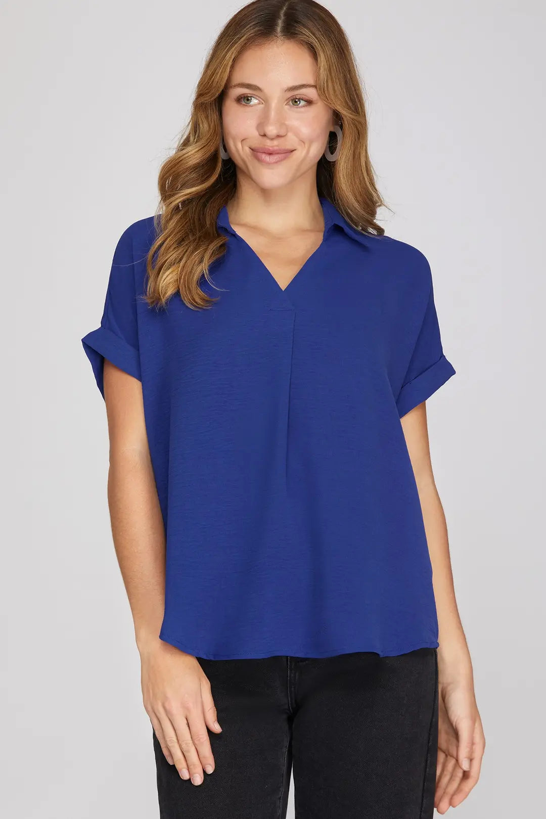 She + Sky Drop Shoulder Collared Woven Top In Royal *COMING SOON*