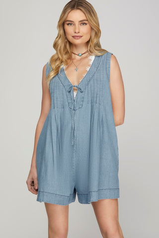 She + Sky Denim Pleated Romper *COMING SOON*